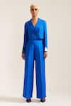 Buy_MINI SONDHI_Blue Linen Embroidered Applique Lapel Raza Cropped Blazer With Pant 