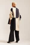 Shop_MINI SONDHI_Beige Linen Embroidered Applique Asymmetrical Color Block Blazer With Trouser _at_Aza_Fashions