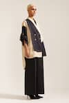 Buy_MINI SONDHI_Beige Linen Embroidered Applique Asymmetrical Color Block Blazer With Trouser _Online_at_Aza_Fashions