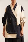 Shop_MINI SONDHI_Beige Linen Embroidered Applique Asymmetrical Color Block Blazer With Trouser _Online_at_Aza_Fashions