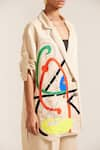 Buy_MINI SONDHI_Beige Linen Embroidered Applique Lapel Paint Stain Oversized Blazer With Pant _Online_at_Aza_Fashions