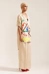 Shop_MINI SONDHI_Beige Linen Embroidered Applique Lapel Paint Stain Oversized Blazer With Pant _Online_at_Aza_Fashions