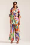 Buy_MINI SONDHI_Multi Color Linen Printed Abstract Lapel Shirt Jacket With Trouser 