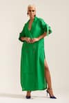 Buy_MINI SONDHI_Green Linen Embroidered Applique Lapel Oversized Double Breasted Dress _at_Aza_Fashions