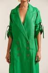 Shop_MINI SONDHI_Green Linen Embroidered Applique Lapel Oversized Double Breasted Dress _Online_at_Aza_Fashions