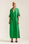 MINI SONDHI_Green Linen Embroidered Applique Lapel Oversized Double Breasted Dress _at_Aza_Fashions