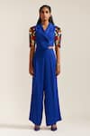 Buy_MINI SONDHI_Blue Crepe Hand Embroidered Applique Lapel Cropped Jacket And Pant Set _at_Aza_Fashions