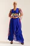 Buy_MINI SONDHI_Blue Crepe Embroidered Applique V-neck Let Loose Draped Top Pant Set With Belt _at_Aza_Fashions