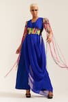 Buy_MINI SONDHI_Blue Crepe Embroidered Applique V-neck Let Loose Draped Top Pant Set With Belt _Online_at_Aza_Fashions