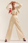 Buy_MINI SONDHI_Beige Linen Embroidered Applique Lapel Crop Jacket With Pant _at_Aza_Fashions