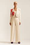 Shop_MINI SONDHI_Beige Linen Embroidered Applique Lapel Crop Jacket With Pant 