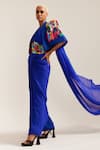 Buy_MINI SONDHI_Blue Crepe Embroidery Applique Jacket Lapel Pre-draped Pleated Saree With Set _Online_at_Aza_Fashions