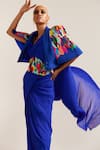 Shop_MINI SONDHI_Blue Crepe Embroidery Applique Jacket Lapel Pre-draped Pleated Saree With Set _Online_at_Aza_Fashions