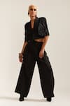 Buy_MINI SONDHI_Black Crepe Embroidery Applique Lapel Collar Hand Crop Jacket With Pant _at_Aza_Fashions