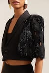 Shop_MINI SONDHI_Black Crepe Embroidery Applique Lapel Collar Hand Crop Jacket With Pant _Online_at_Aza_Fashions