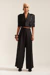 MINI SONDHI_Black Crepe Embroidery Applique Lapel Collar Hand Crop Jacket With Pant _at_Aza_Fashions