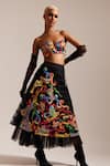 Buy_MINI SONDHI_Black Nylon Mesh Embroidery Applique Grid Psychedelic Skirt With Bustier _at_Aza_Fashions