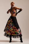 MINI SONDHI_Black Nylon Mesh Embroidery Applique Grid Psychedelic Skirt With Bustier _at_Aza_Fashions