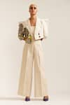 Buy_MINI SONDHI_Beige Linen Embroidery Applique Lapel Collar Picasso Structured Jacket With Pant _at_Aza_Fashions