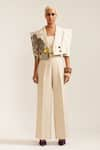 MINI SONDHI_Beige Linen Embroidery Applique Lapel Collar Picasso Structured Jacket With Pant _Online_at_Aza_Fashions