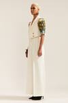 Buy_MINI SONDHI_Cream Crepe Embroidery Ari Lapel Collar Sunflower Box Sleeve Jacket With Pant _Online_at_Aza_Fashions