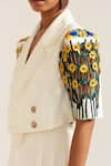 Shop_MINI SONDHI_Cream Crepe Embroidery Ari Lapel Collar Sunflower Box Sleeve Jacket With Pant _Online_at_Aza_Fashions