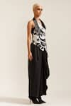 Buy_MINI SONDHI_Black Crepe Embroidery Ari Jacket Halter Face Drape And Pant Set _Online_at_Aza_Fashions