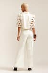 Shop_MINI SONDHI_Cream Crepe Embroidery Ari Lapel Collar Bricks Cut-out Jacket With Pant _at_Aza_Fashions