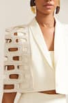 MINI SONDHI_Cream Crepe Embroidery Ari Lapel Collar Bricks Cut-out Jacket With Pant _Online_at_Aza_Fashions