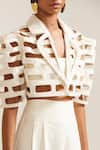 Shop_MINI SONDHI_Cream Crepe Embroidery Ari Lapel Collar Brick Jacket With Pant _Online_at_Aza_Fashions