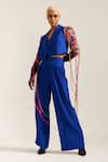 Buy_MINI SONDHI_Blue Crepe Embroidery Ari Lapel Collar Let Loose Crop Jacket With Pant _at_Aza_Fashions