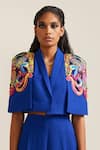 Shop_MINI SONDHI_Blue Crepe Embroidery Ari Lapel Collar Psychedelic Crop Jacket With Pant _Online_at_Aza_Fashions