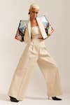 Buy_MINI SONDHI_Beige Crepe Embroidery Ari Lapel Collar Landscape Crop Jacket With Pant _at_Aza_Fashions