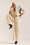 MINI SONDHI_Beige Crepe Embroidery Ari Lapel Collar Landscape Crop Jacket With Pant _Online_at_Aza_Fashions