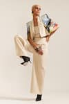 MINI SONDHI_Beige Crepe Embroidery Ari Lapel Collar Landscape Crop Jacket With Pant _at_Aza_Fashions