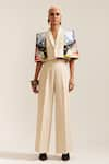 Buy_MINI SONDHI_Beige Crepe Embroidery Ari Lapel Collar Landscape Crop Jacket With Pant 