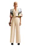 Buy_MINI SONDHI_Beige Crepe Embroidery Ari Lapel Collar Landscape Crop Jacket With Pant _Online