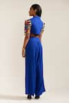 Shop_MINI SONDHI_Blue Crepe Embroidery Ari Lapel Collar Brick Crop Jacket With Pant _at_Aza_Fashions