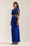 MINI SONDHI_Blue Crepe Embroidery Ari Lapel Collar Brick Crop Jacket With Pant _Online_at_Aza_Fashions