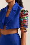 Buy_MINI SONDHI_Blue Crepe Embroidery Ari Lapel Collar Brick Crop Jacket With Pant _Online_at_Aza_Fashions