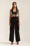 Buy_MINI SONDHI_Black Crepe Embroidery Ari Jacket Lapel Collar Fringe Psychedelic And Pant Set _at_Aza_Fashions