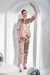 Buy_Enness Studio_Beige Satin Leaf Audrey Shirt And Pant Set _at_Aza_Fashions