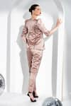 Shop_Enness Studio_Beige Satin Leaf Audrey Shirt And Pant Set _at_Aza_Fashions