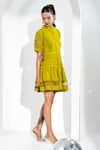 Buy_Enness Studio_Green Latte Crepe Mandarin Collar Soleil Fit And Flare Dress _Online_at_Aza_Fashions