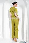 Shop_Enness Studio_Green Banana Crepe Mandarin Collar Embroidered Top And Pant Set _at_Aza_Fashions