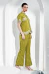 Enness Studio_Green Banana Crepe Mandarin Collar Embroidered Top And Pant Set _Online_at_Aza_Fashions