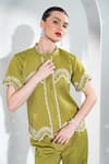 Buy_Enness Studio_Green Banana Crepe Mandarin Collar Embroidered Top And Pant Set _Online_at_Aza_Fashions