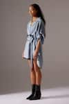 Buy_MINI SONDHI_Blue Linen Embroidery Applique Lapel Collar Chambray Jacket Dress _Online_at_Aza_Fashions