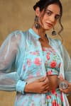 POMCHA JAIPUR_Blue Lehenga And Blouse Cotton Printed Floral Shrug Open Neck Set With _at_Aza_Fashions