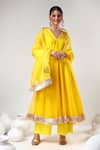 Buy_POMCHA JAIPUR_Yellow Organza Embroidered Gota Lace V Neck Anarkali Set _at_Aza_Fashions